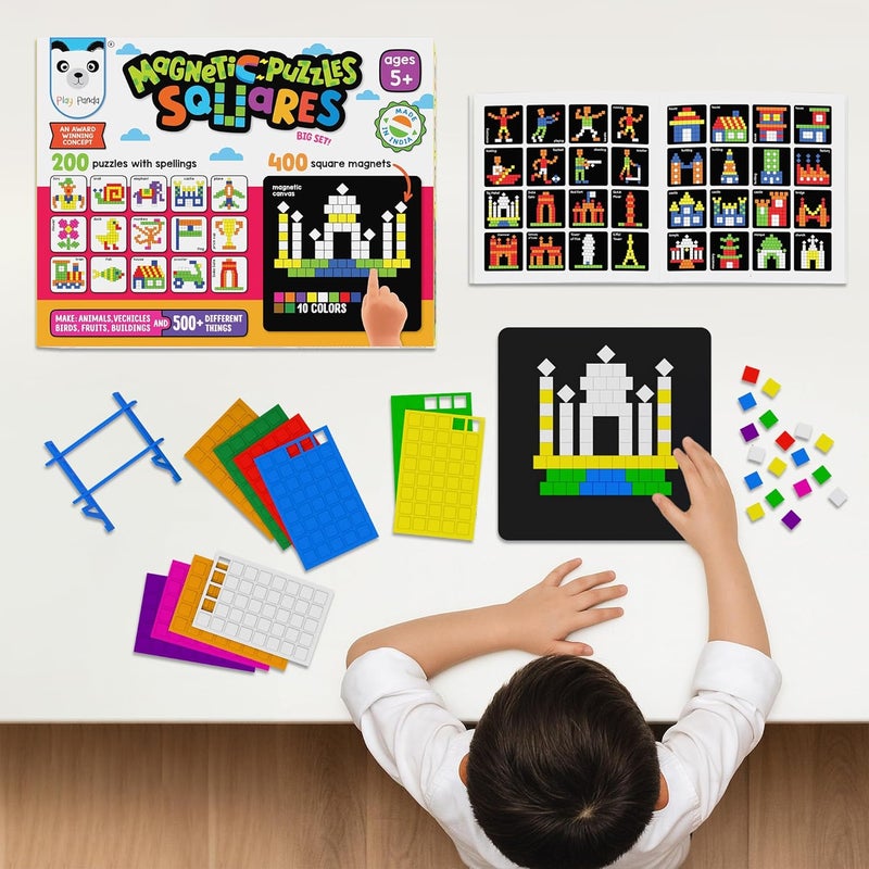 Play Panda Magnetic Puzzles Squares - 400 Colorful Magnets, 200 Puzzles, Magnetic Board, Display Stand - Image 4